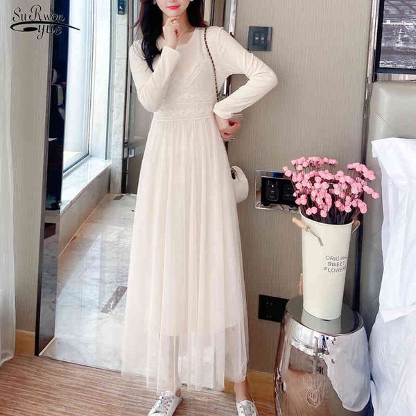 

autumn and winter dress lace mesh elegant midi solid a line elastic waist o neck long women vestidos 12159 210508, Black;gray