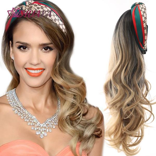 

dirty golden long wavy headband wig for women none replacement body wave synthetic half head daily cosplay false hair wigs, Black