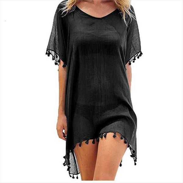 

v-neck tassels beach wear women swimsuit cover up swimwear bathing suits summer mini dress loose solid cover ups, White;black