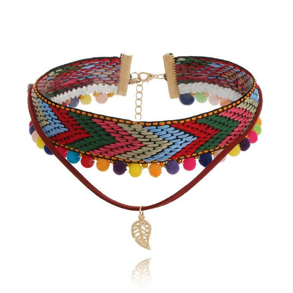 

chokers bohemian double layer weave choker necklace colorful rope braided charm ethnic boho jewelry vintage leaf, Golden;silver