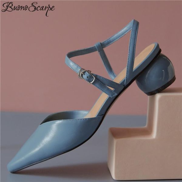 

dress shoes 2021 ponted toe women genuine leather sandals med round heel summer ankle strap shallow wedding pumps, Black