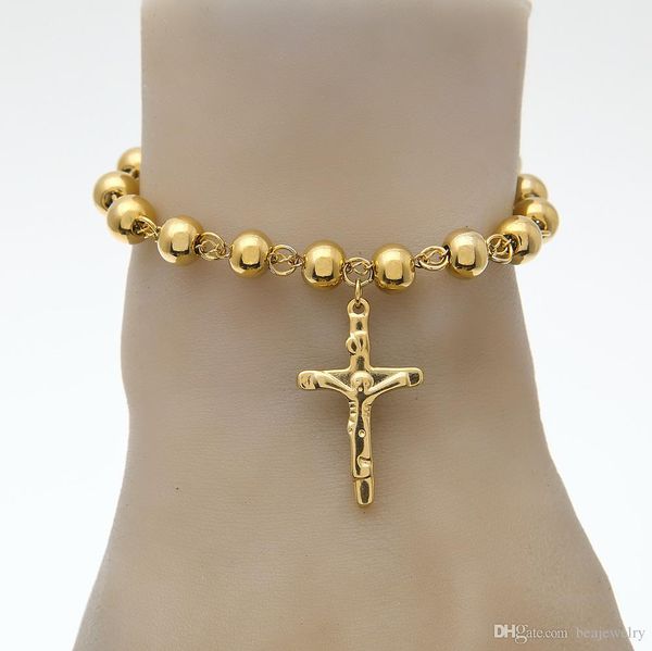 

hip hop jewelry 14k gold plated rosary bead bracelet stainless steel cross with jesus charms pendant link chain religion female pulseira, Black