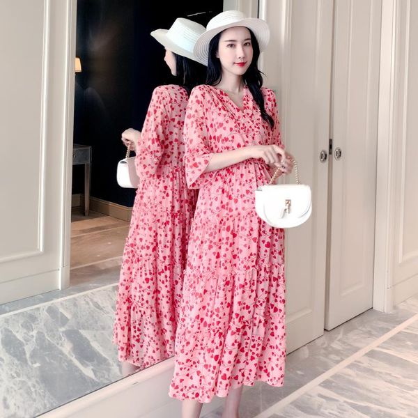 

summer chiffon expectant mother casual short sleeve loose maternity dress pregnant women clothes floral nursing dresses, White