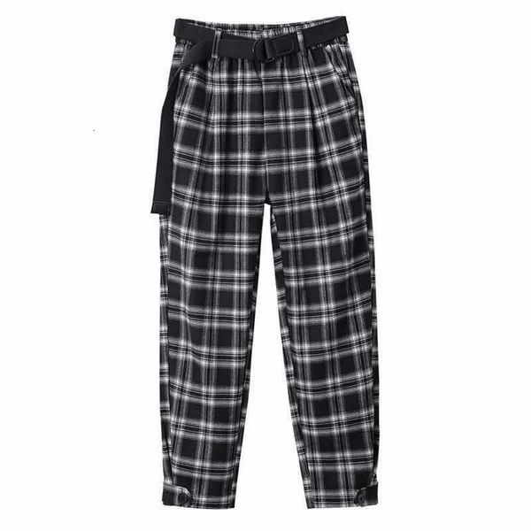 

women's pants & capris autumn plaid black cotton ankle-banded elastic waist vintage streetwear harem woman wide leg trousers h7w9, Black;white