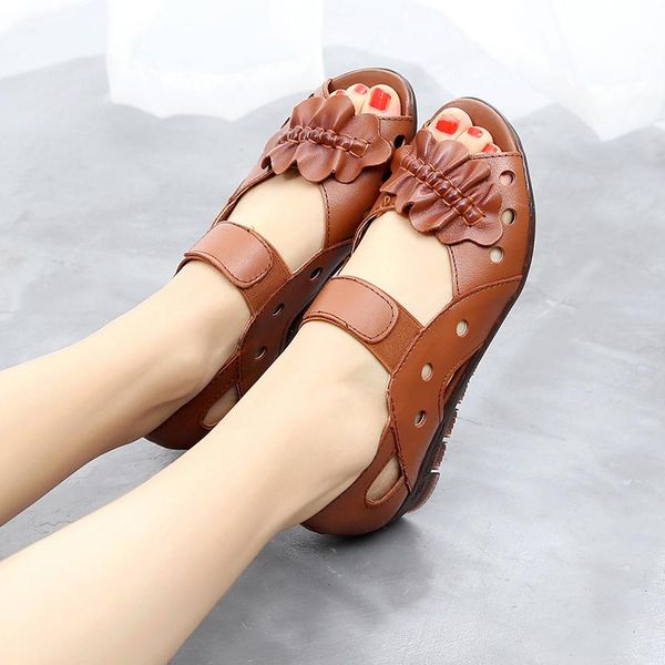 

sandals ladies summer leather soft bottom fish mouth shoes flat heel hollow women's, Black