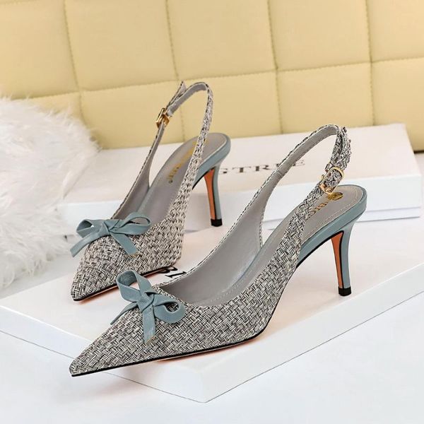 

dress shoes korean fashion woven shallow mouth pointed toe small bow hollowed back strap single women high heels, Black