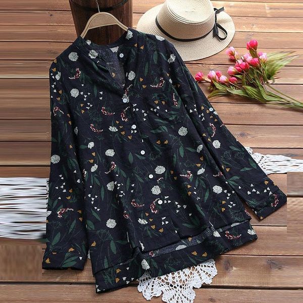 

women's blouses & shirts floral printed blouse lady large size long sleeve shirt women 2021 autumn v-neck medium length femme literary, White