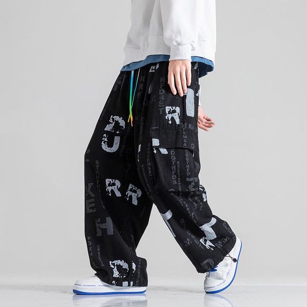 

men's pants oversize drawstring mens harajuku fashion loose hip hop streetwear style trousers, Black