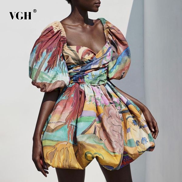 

dress vgh hit color print for women v neck short sleeve high waist casual mini ball gown female summer fashion clothes, Black;gray