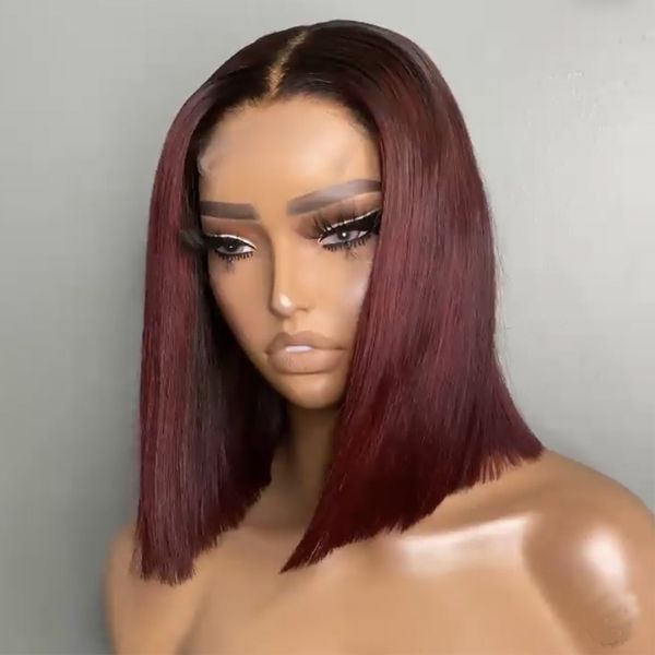 

straight burgundy human hair wig brazilian remy ombre wine 99j bob full lace wig for women, Black