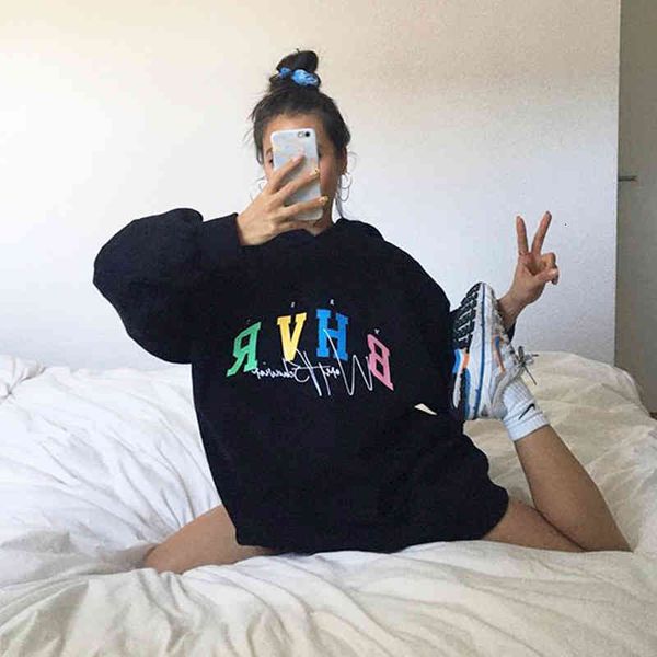 

Women's Hoodies & Sweatshirts Flame large edition sweater women's Rainbow letter printing high street long sleeved Hoodie youth st, Black