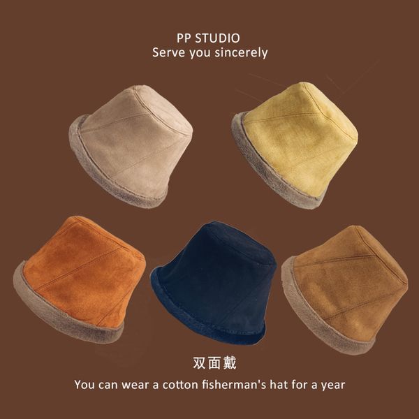 

suede double faced lamb hair autumn and winter warm fisherman's hat, Yellow