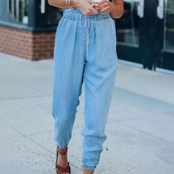 

women's pants & capris korean style big pocket plus size jeans women high waist drawstring ladies loose slim harem pantalones vaqueros, Black;white