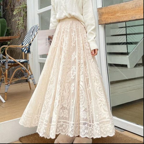 

lace spring autumn korean womens skirts cute sweet style a line black white long female elastic high waist bottoms