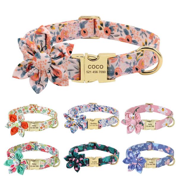 Collar de identificación de perro personalizado, collar de nailon grabado para mascotas, collar con bonito estampado colorido de flores para perros pequeños, medianos y grandes, gatos