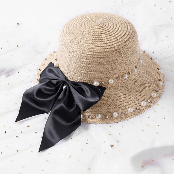 

wide brim hats fashion parent-child summer british pearl beading big bow brimmed girl straw hat baby shading sun lady beach ydp4, Blue;gray