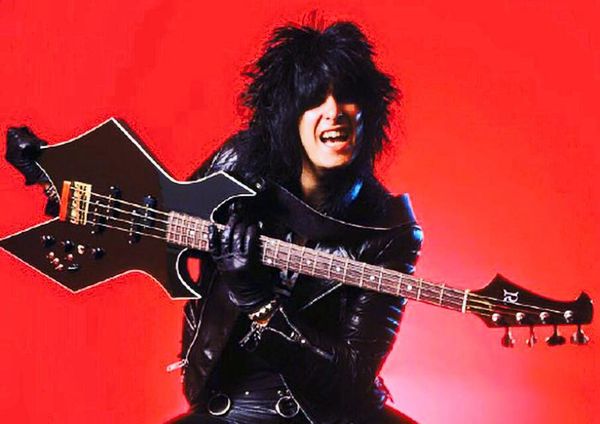 Nikki Sixx Of Motley Rich Warlock Black Basso elettrico a 4 corde Paletta inversa, Hardware cromato, Intarsio diamantato