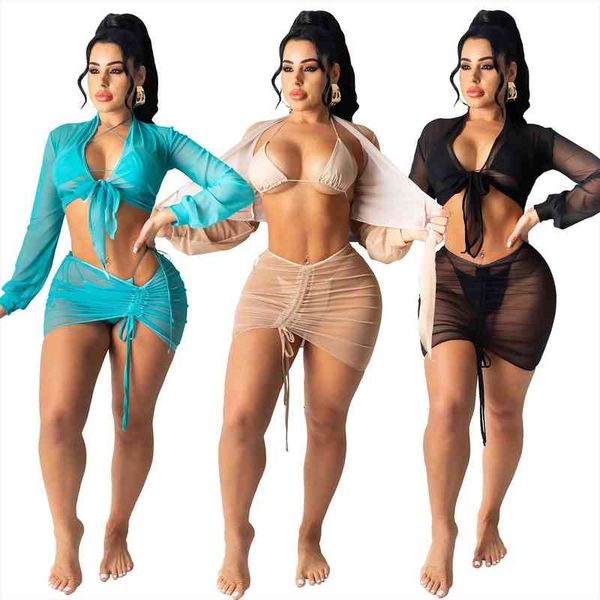 

cover ups 3 piece womens tracksuits set mesh crop coat bra and stacked skirts holiday beachwear summer bikini suit, Gray