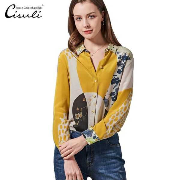 

women's blouses & shirts cisuli 100% mulberry silk crepe shirt printed yellow color trend, White