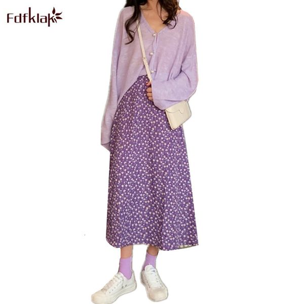 

two piece dress knitted sweater and chiffon skirt spring autumn skirts female high waist sweet floral student's two piece set, White