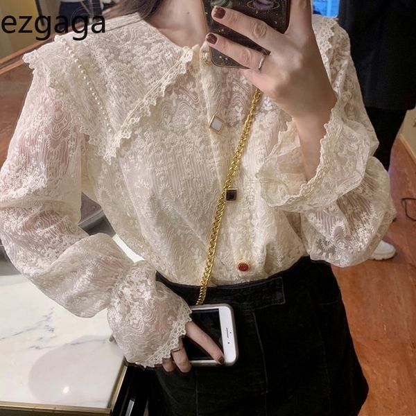 

ezgaga lace floral shirts women basic long sleeve korean mesh patchwork sweet turn-down collar elegant blouse loose blusas 210430, White