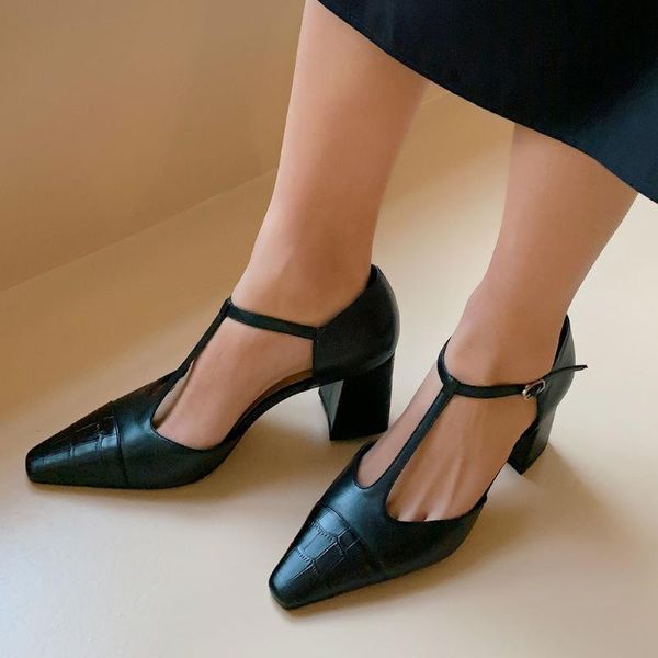 

sandals lapolaka vintage fashion brand design genuine leather t-strap great quality chunky heels women shoes, Black