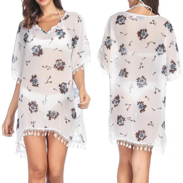 

sale floral print short sleeves fringe cover up chiffon tassels beach wear women swimsuit swimwear bathing suits d30 women's, White;black