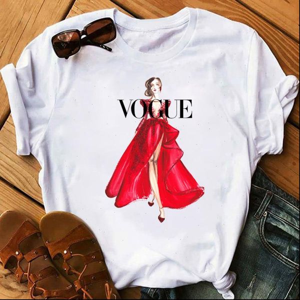 

vogue summer fashion watercolor girl womens print tee harajuku clothes, White