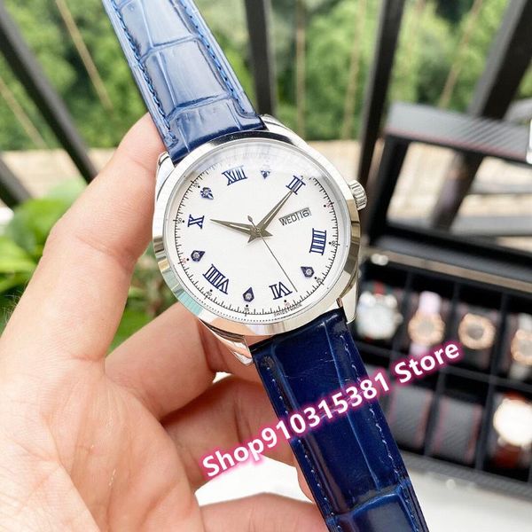 

wristwatches classic brand stainless steel double calendar watches automatic mechanical roman number watch male brown leather clock 40mm, Slivery;brown