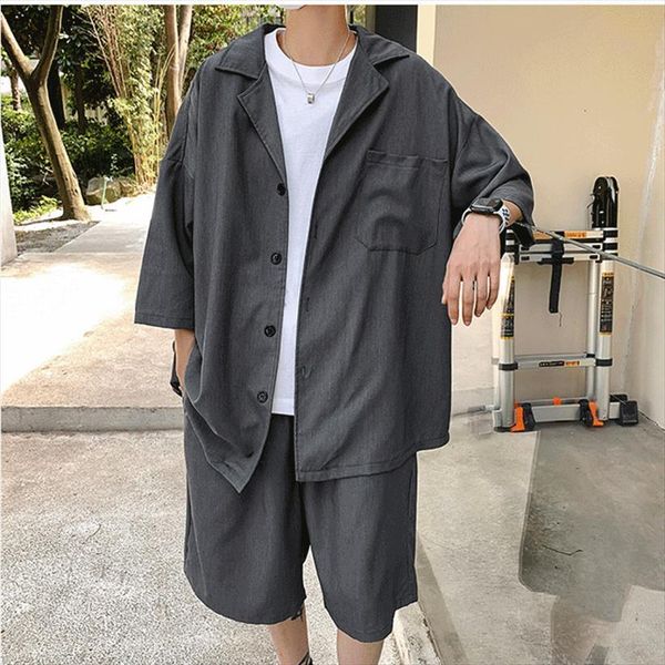 

summer oversized sets shirt with men tracksuit shorts polyester solid suit collar short sleeve baggy pants big size casual clothing, Gray