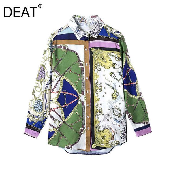 

[deat] spring fashion single-breasted printing long sleeve turn-down collar loose elegant women shirt 13c782 210527, White