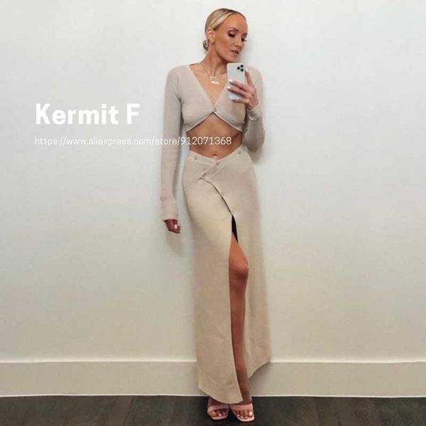 

casual dresses [kermit f] fashion long sleeve v-neck low-cut cropped bodycon solid slim body wrap hip slipt skirt women's dress suit, Black;gray