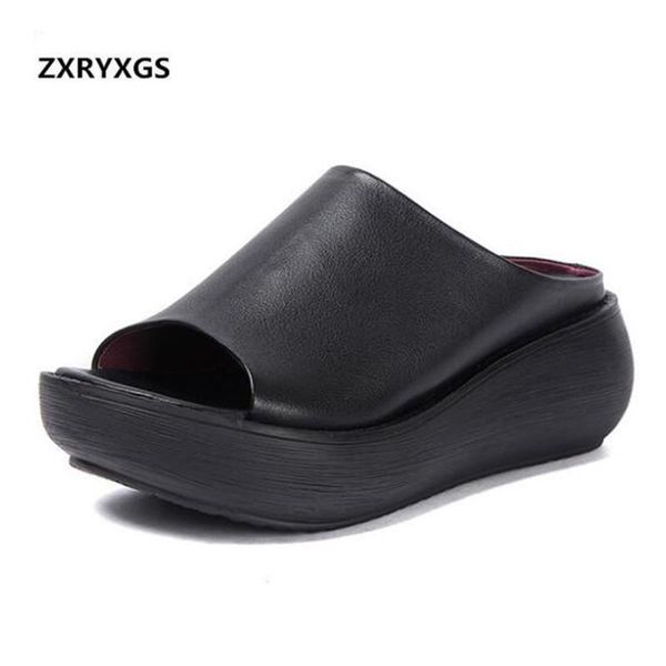 

fashion 100% natural full genuine leather shoes women slippers summer sandals 2021 elegant comfort casual slipper, Black