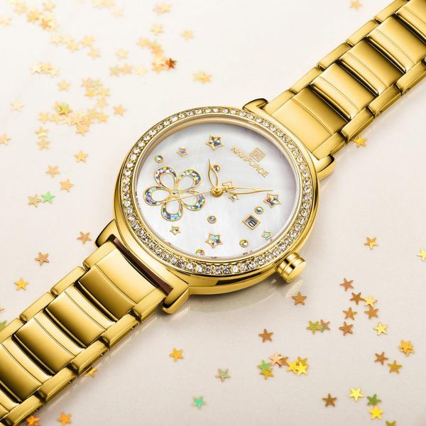 

wristwatches naviforce crystal women watch relogio feminino 2021 golden steel strap quartz wristwatch waterproof clocks gir, Slivery;brown