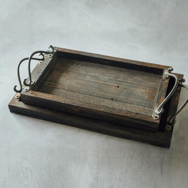 

kitchen storage & organization handmade vintage retro aged reclaimed wood tray with metal handles