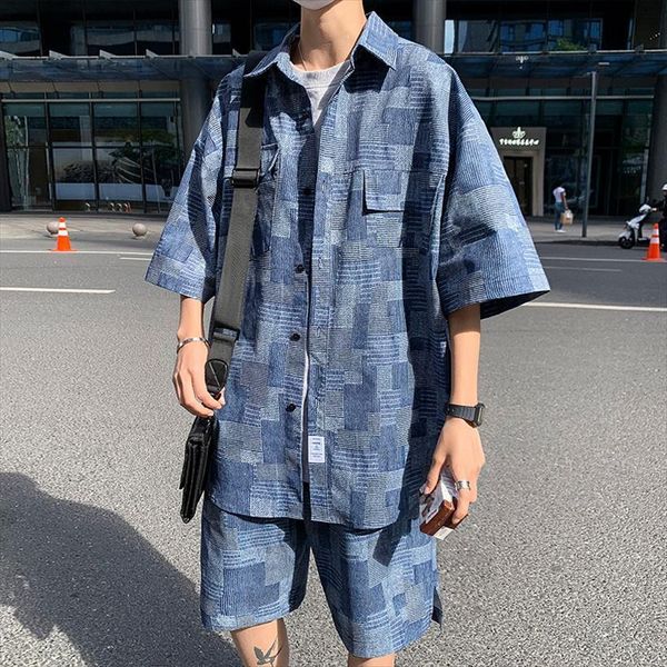 

summer short set fashion men tracksuits man polyester suit shirts plus shorts origin design patch plaid casual oversized clothing, Gray