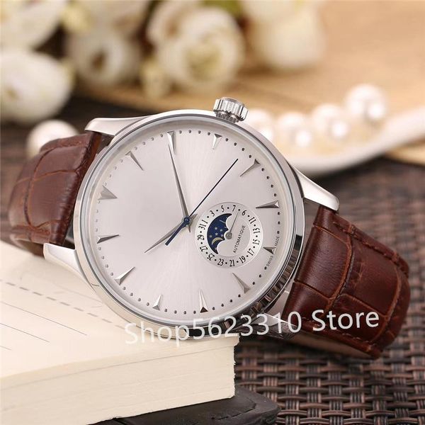 

wristwatches classic men automatic mechanical watch stainless steel black brown leather sapphire glass multi-function moon phase, Slivery;brown