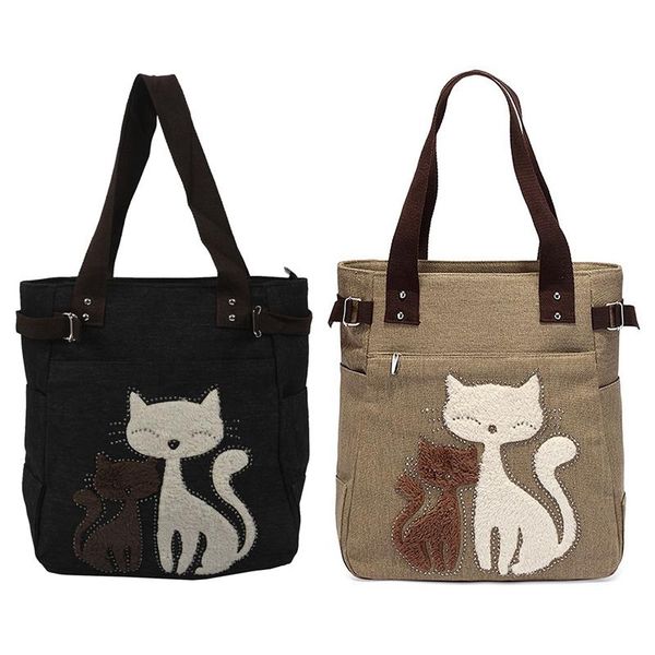 

evening bags 2 pcs women's messenger handbag canvas bag with cute cat small shopping shoulder bag, khaki & black