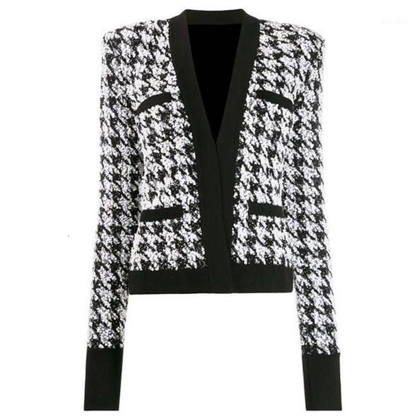 

street 2020 baroque high designer jacket women's shawl collar shimmer houndstooth tweed jacket1, Black