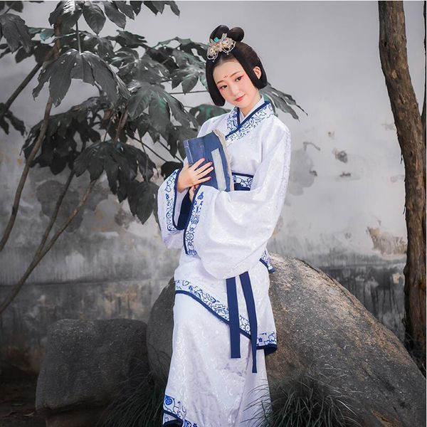 Hanfu Женщины сказочные классические танцевальные сцены носить древний хлопок шелковый китайский элегантный платье синий и белый фарфоровая одежда