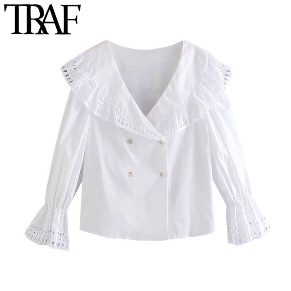 Moda das mulheres do tráfade com bordados guarnições brancas blusas vintage Vintage Vintage manga comprida camisas femininas blusas chique tops 210415