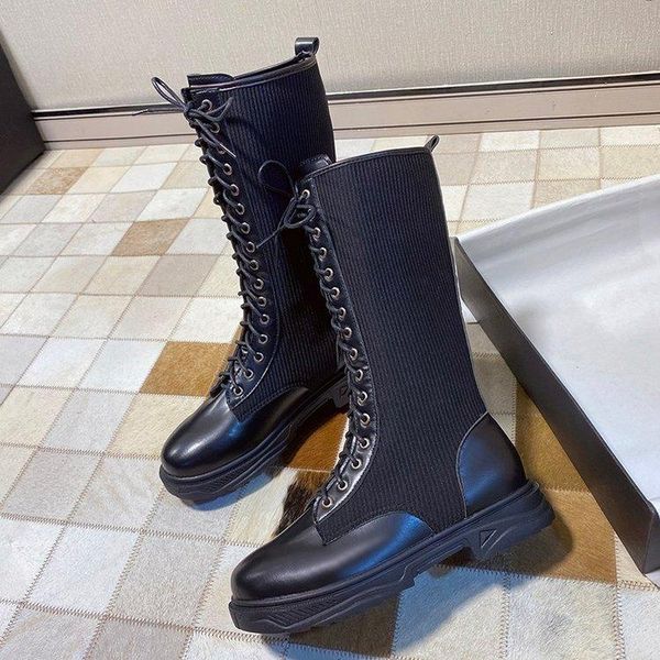

boots fashion leather women 2021 round toe mid-heel short tube lace-up women's shoes knitted fabric stitching, Black