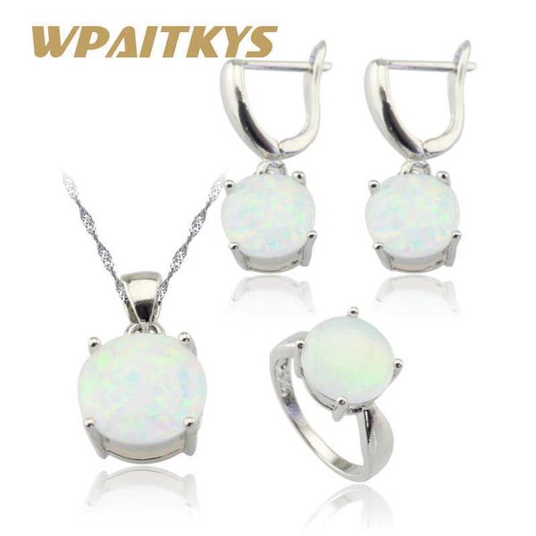 Australien Weiß Feuer Opal Steine Silber Farbe Schmuck Sets Für Frauen Weihnachten Halskette Anhänger Tropfen Ohrringe Ringe Geschenk Box H1022