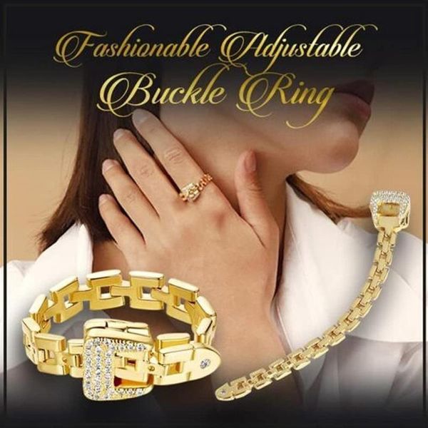 

cluster rings adjustable belt buckle zircon detachable metal soft chain ring luxury finger for women men, Golden;silver