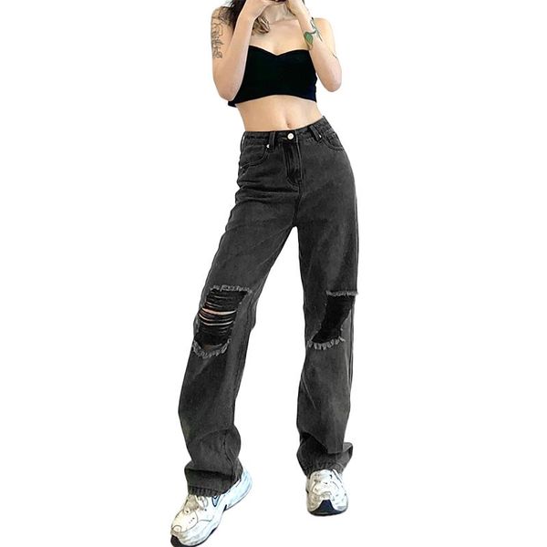 

women's jeans autumn black torn straight pants korean style casual fashion, Blue