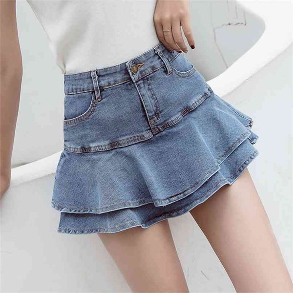 Güvenlik Kısa Denim Miniskirts Kadınlar Artı Boyutu Yüksek Bel Fırfır Fishtail Jean Etek Yaz Seksi Pileli Kız Elastik 210601