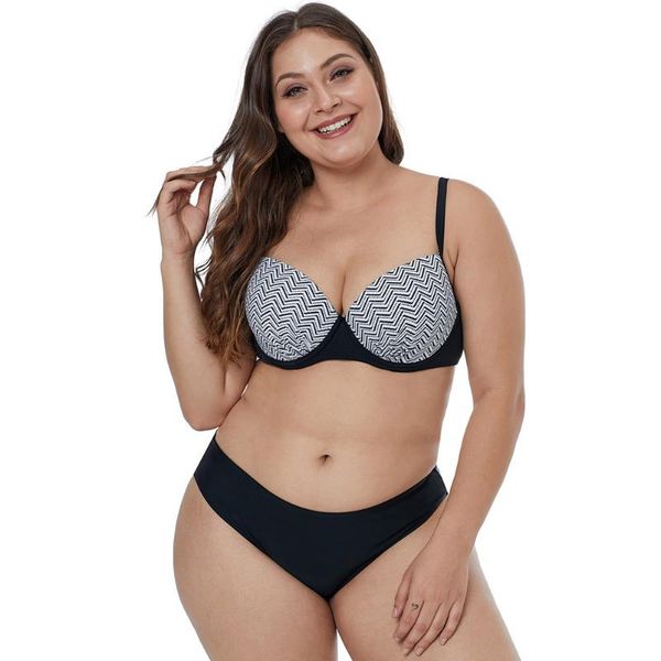 

women's swimwear plus size split print adjustable shoulder strap large chest gathered triangle, White;black