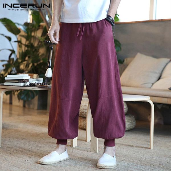

men's pants incerun 2021 vintage wide leg cotton solid color drawstring loose casual trousers retro streetwear pantalones hombre, Black