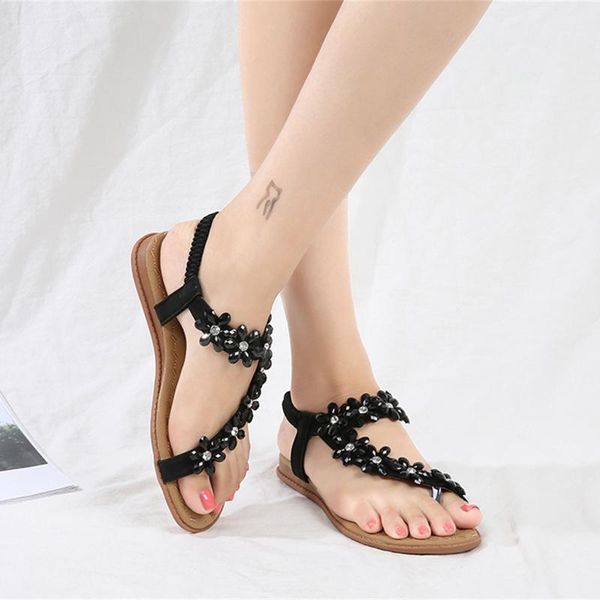 

flat sandals women shoes 2021 summer casual fashion floral crystal elastic band flip flops dress female beach, Black