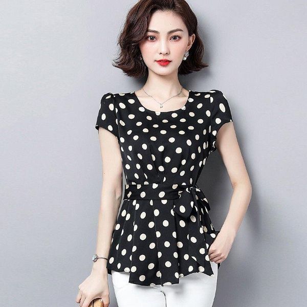 

women shirt spring summer style chiffon blouses shirts lady casual short sleeve polka dot printed blusas df3069, White